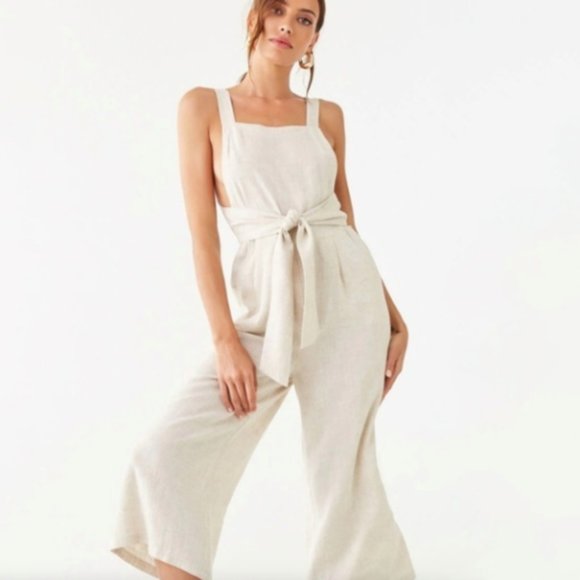 Potter's Pot Pants - Linen Blend Tan Beige Culotte Tie Jumpsuit Large